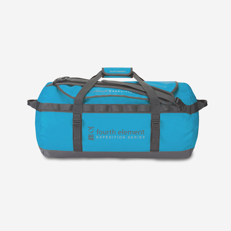 Blue-duffel-bag-with-black-strap-light gray-background